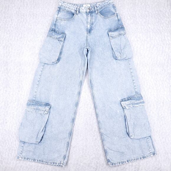 Forever 21 Denim - Forever 21 Premium Wide Straight Leg Cargo Jeans Sz 27 Blue Lt Wash Streetwear